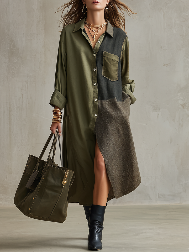 Vestido midi camisa color-block oliva de estilo refinado