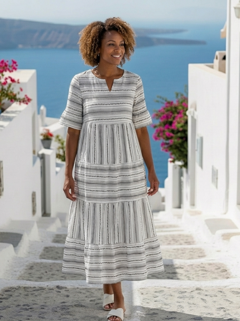 Parisa | Vestido Midi de Manga Corta a Rayas con Volantes