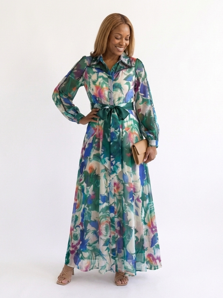 Carolina | Vestido Largo Impreso con Cinturón de Manga Larga