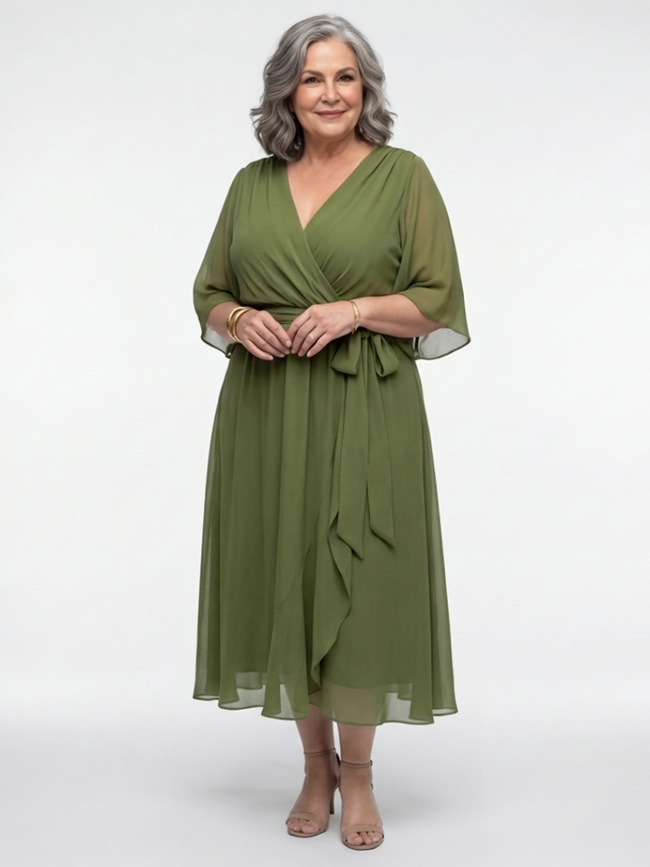 Elysia | Vestido Midi con Escote en V y Cintura Ajustable