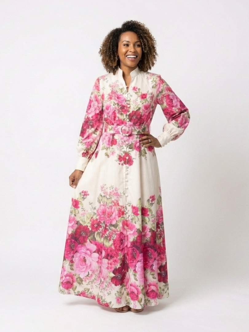 Kennedy | Vestido Maxi Floral de Manga Larga con Cinturón