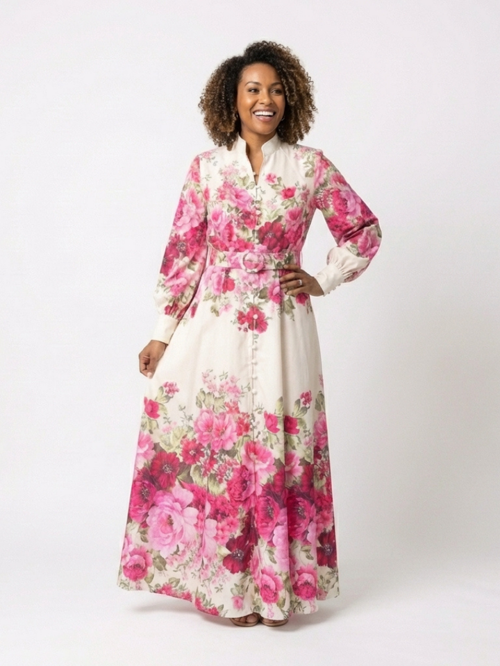 Kennedy | Vestido Maxi Floral de Manga Larga con Cinturón