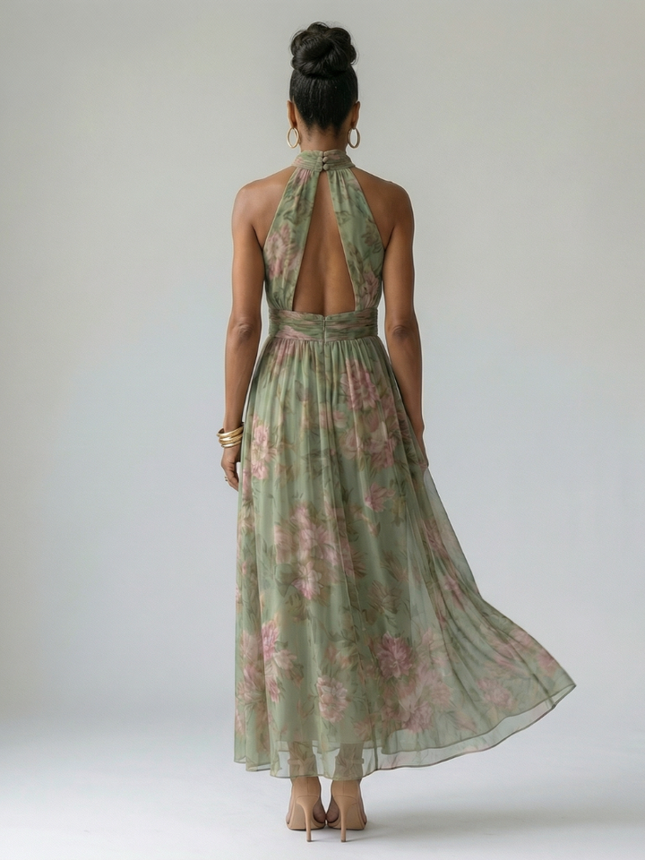Mirelle | Vestido Midi con Cuello Halter Fruncido