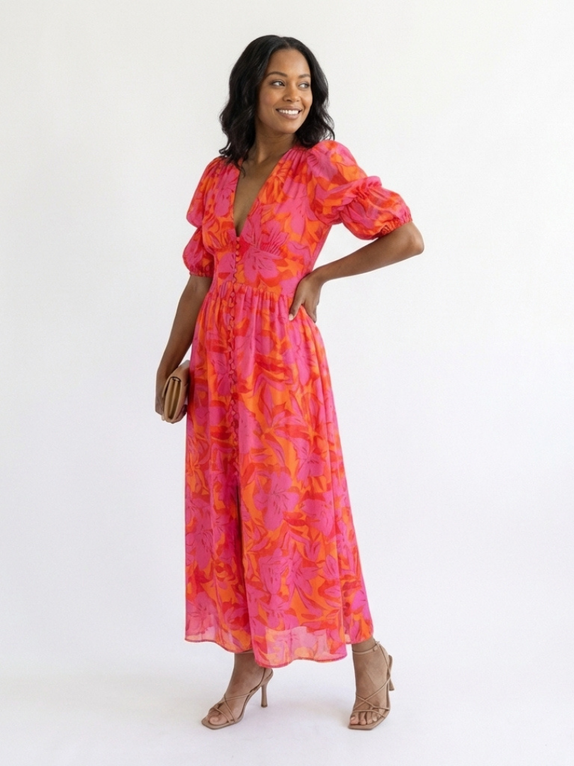 Sauce | Vestido Midi de Manga Abullonada con Escote en V Floral