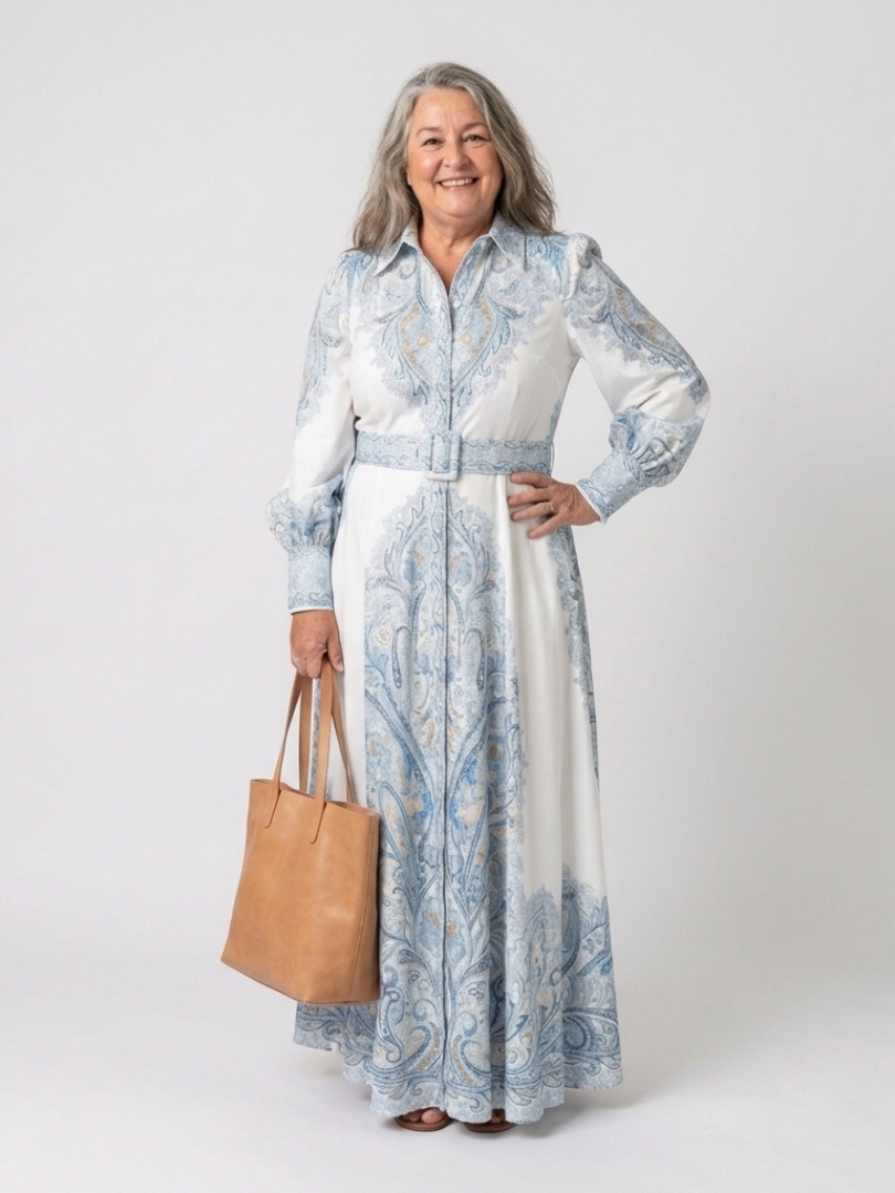 Sierra | Vestido Maxi de Manga Larga con Cuello Alto Impreso