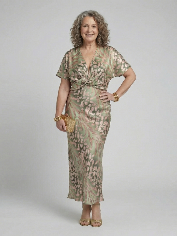 Coralie | Vestido Midi con Estampado Abstracto y Cuello en V con Cintura Torcida