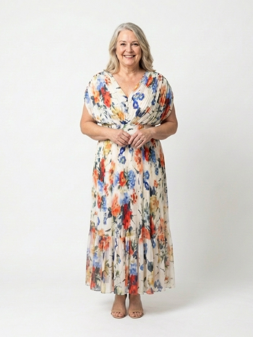 Savannah | Vestido Midi Floral con Mangas Cortas y Pliegues