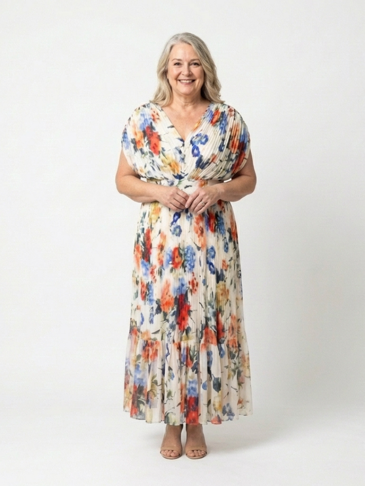 Savannah | Vestido Midi Floral con Mangas Cortas y Pliegues