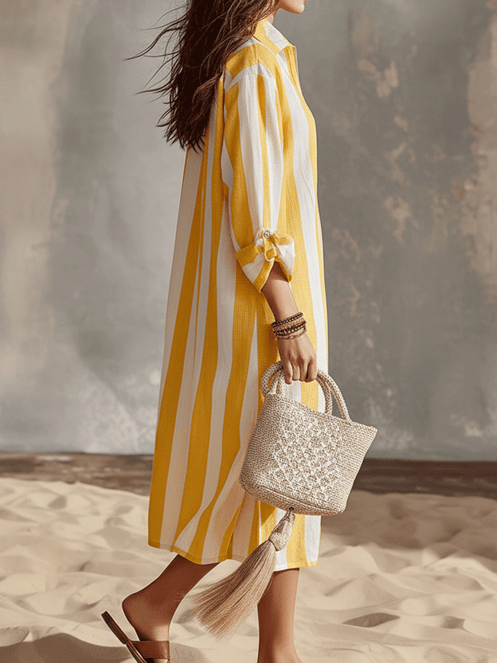 Ropa midi de vacaciones casual a rayas amarillas y blancas