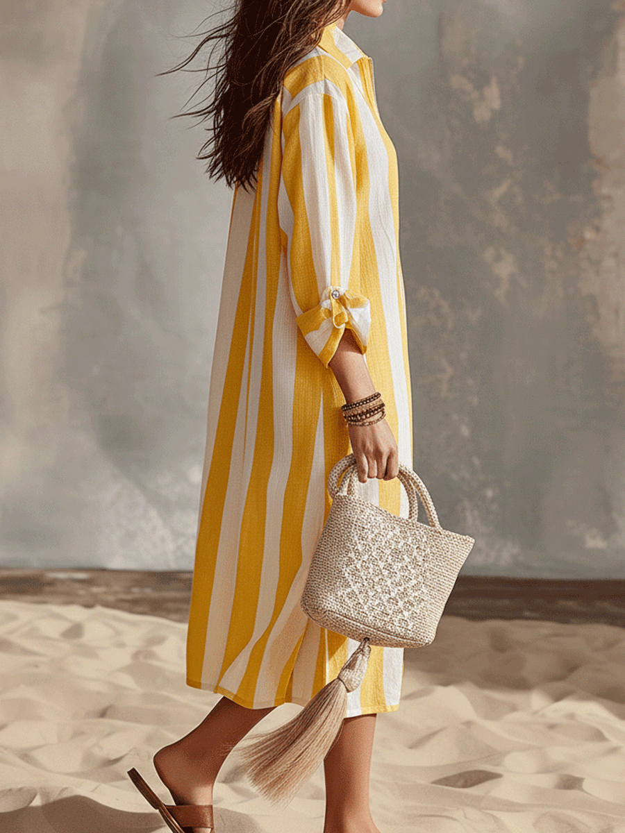 Ropa midi de vacaciones casual a rayas amarillas y blancas