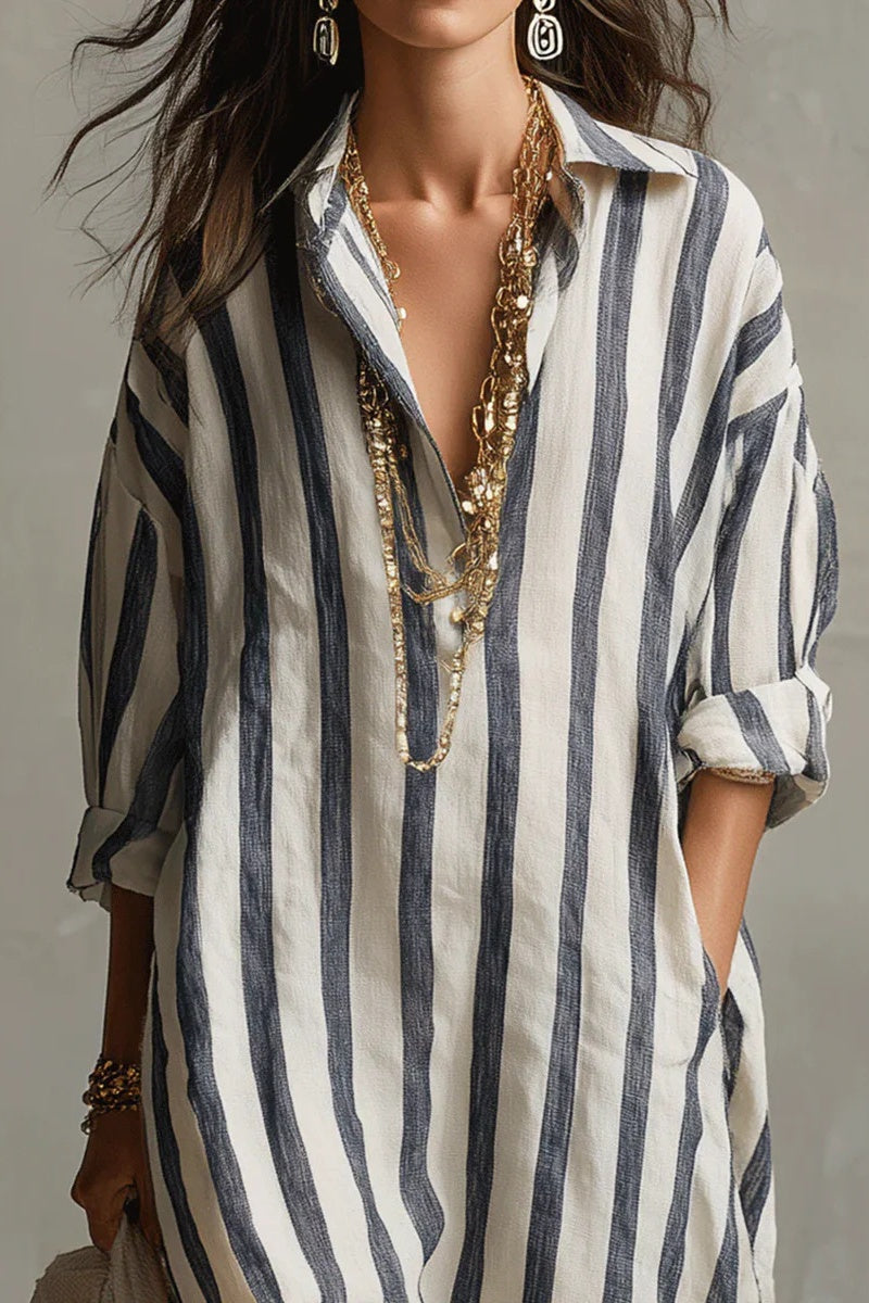 Vestido largo bohemio estilo camisa a rayas casual