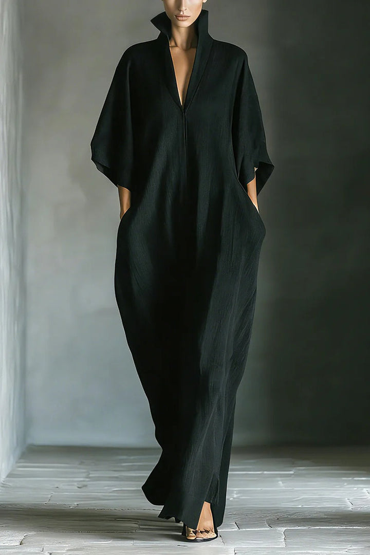 Ropa larga negra oversize para mujer en mezcla de algodón, con mangas kimono y bolsillos
