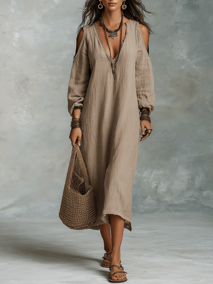 Robe midi bohème en lin à épaules dénudées et coupe décontractée