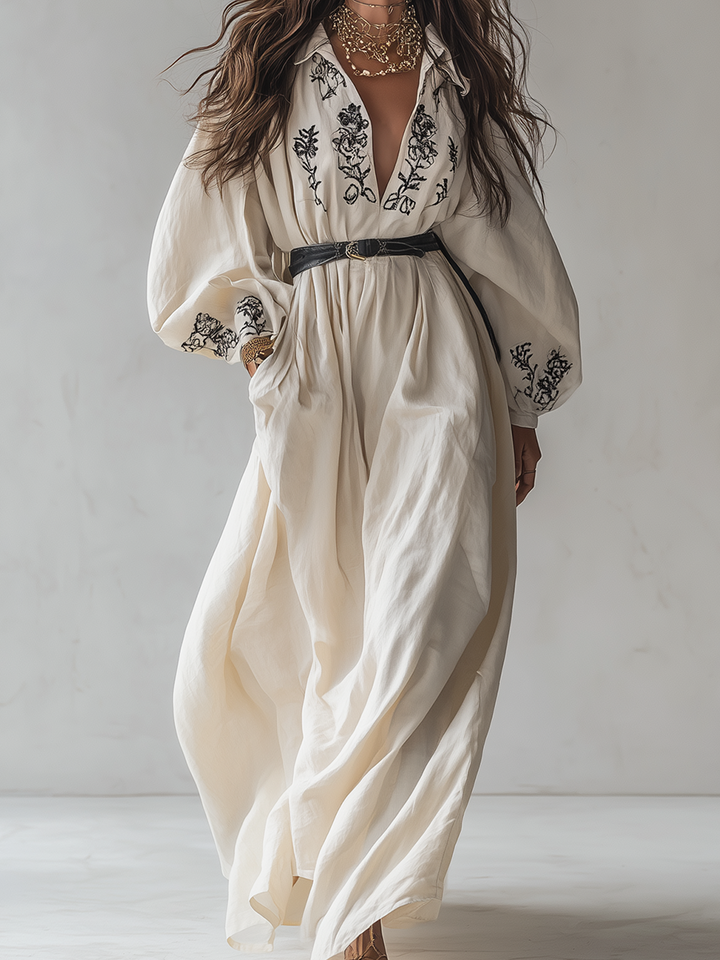 Robe chemise longue en lin crème brodée à manches bouffantes