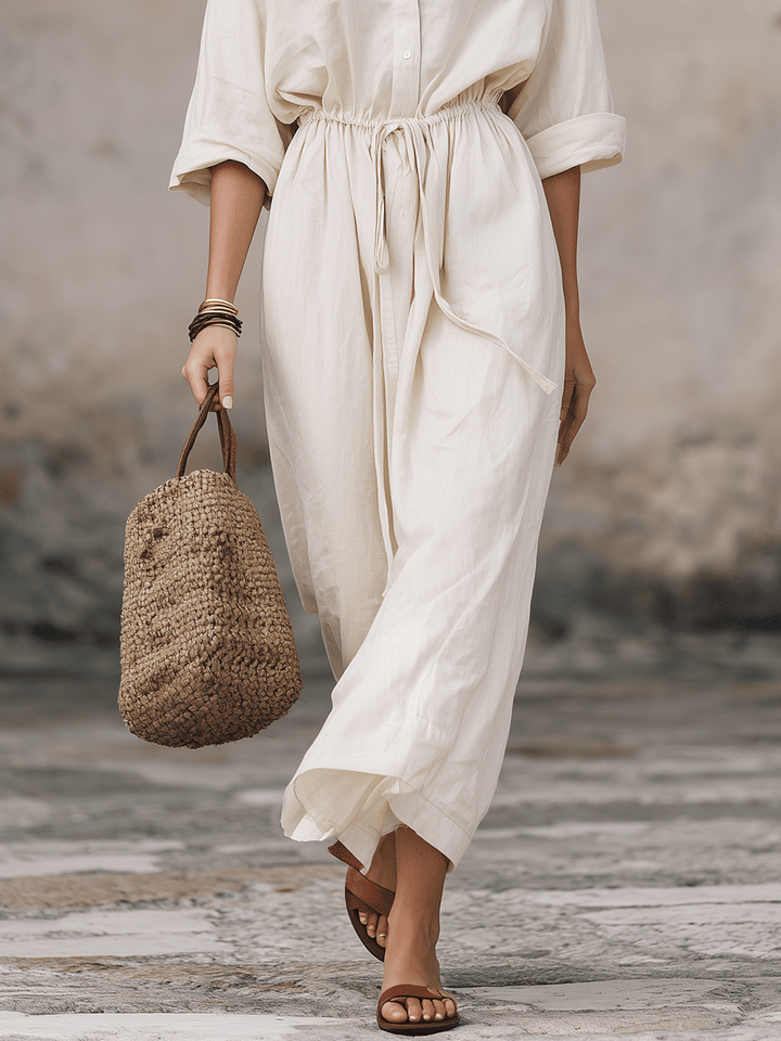 Robe chemise longue bohème en lin à taille coulissante