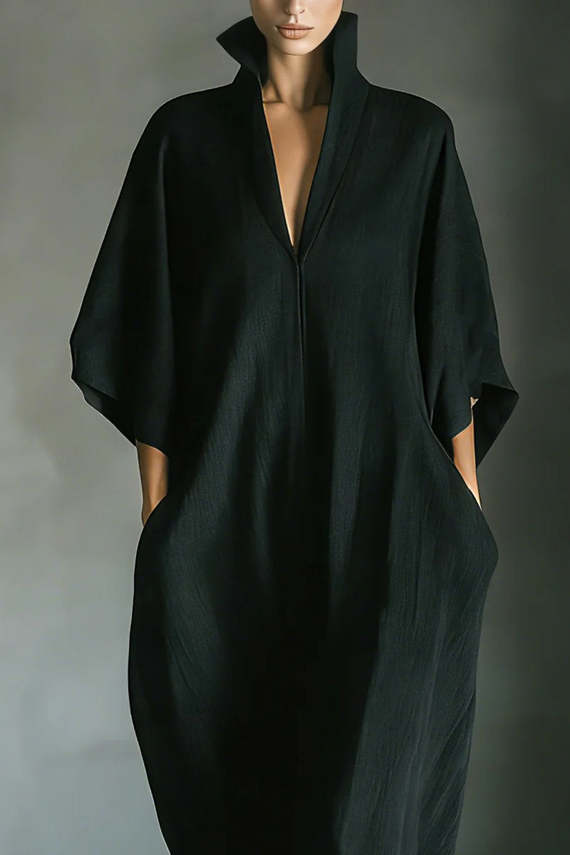 Ropa larga negra oversize para mujer en mezcla de algodón, con mangas kimono y bolsillos
