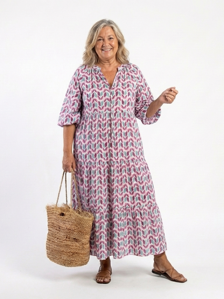 Mireya | Vestido Midi de Manga Larga con Estampado Geométrico