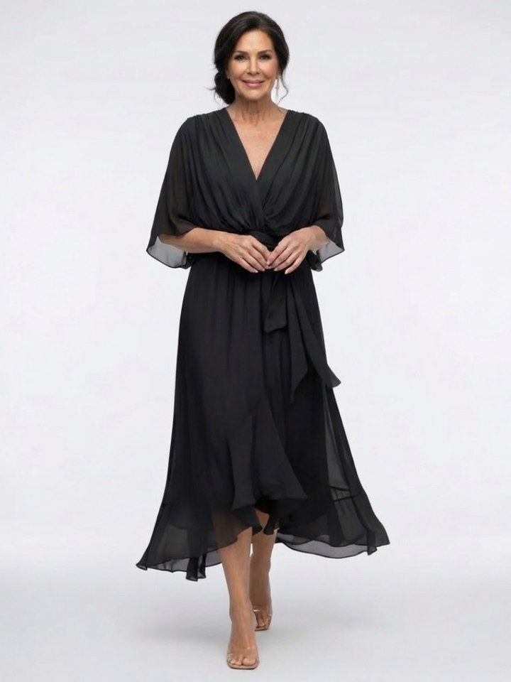Elysia | Vestido Midi con Escote en V y Cintura Ajustable
