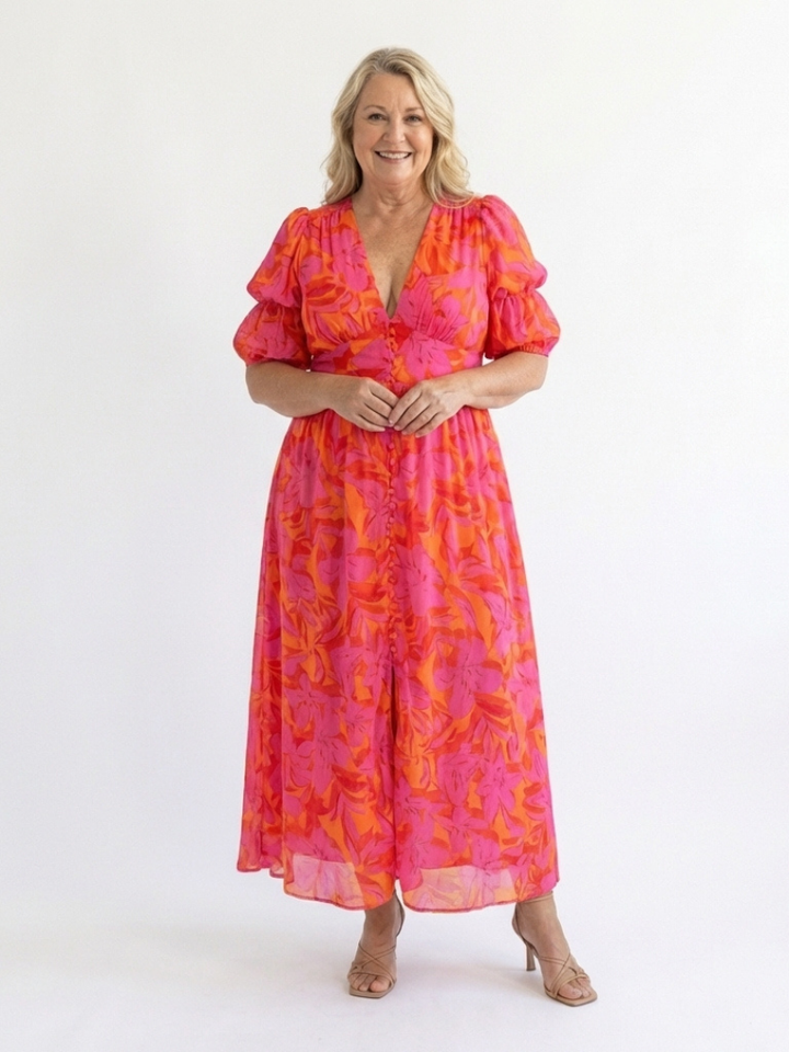 Sauce | Vestido Midi de Manga Abullonada con Escote en V Floral