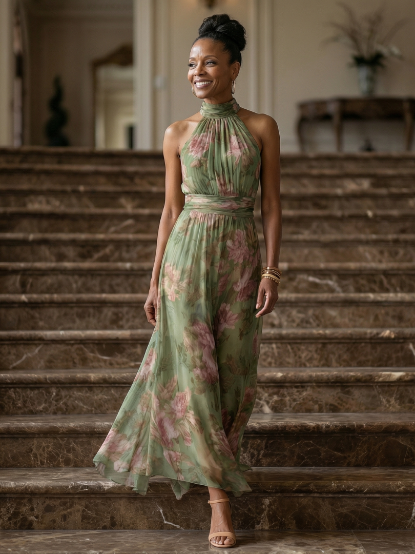 Mirelle | Vestido Midi con Cuello Halter Fruncido