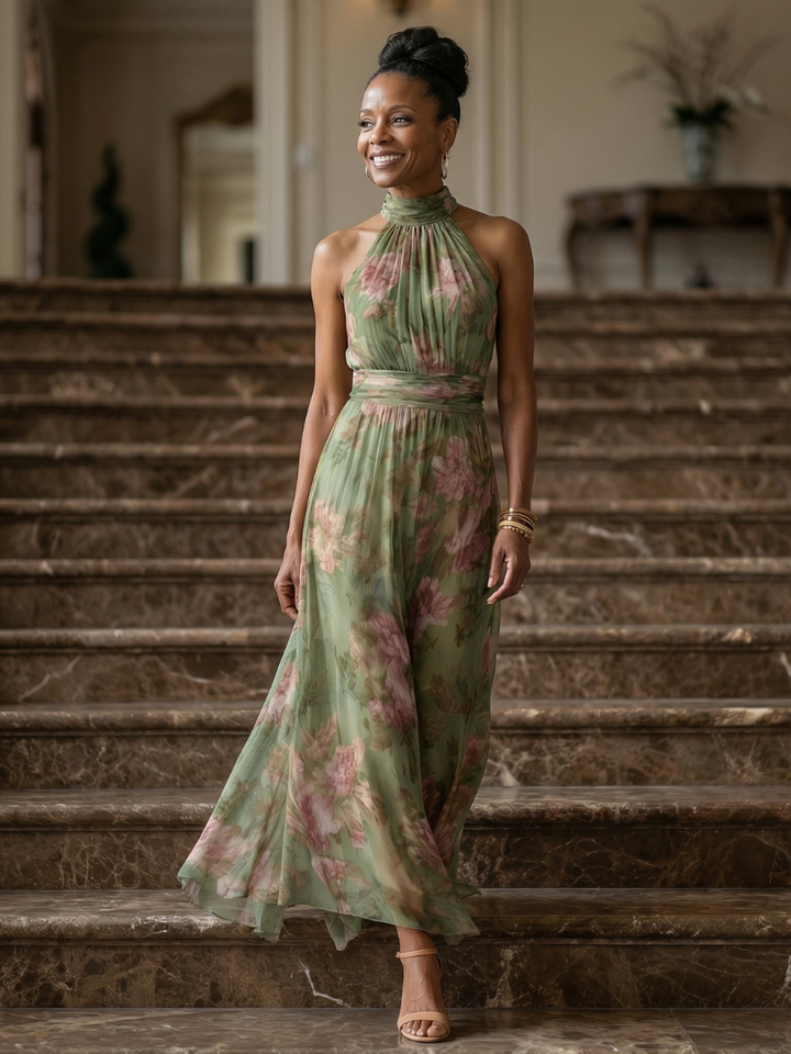 Mirelle | Vestido Midi con Cuello Halter Fruncido