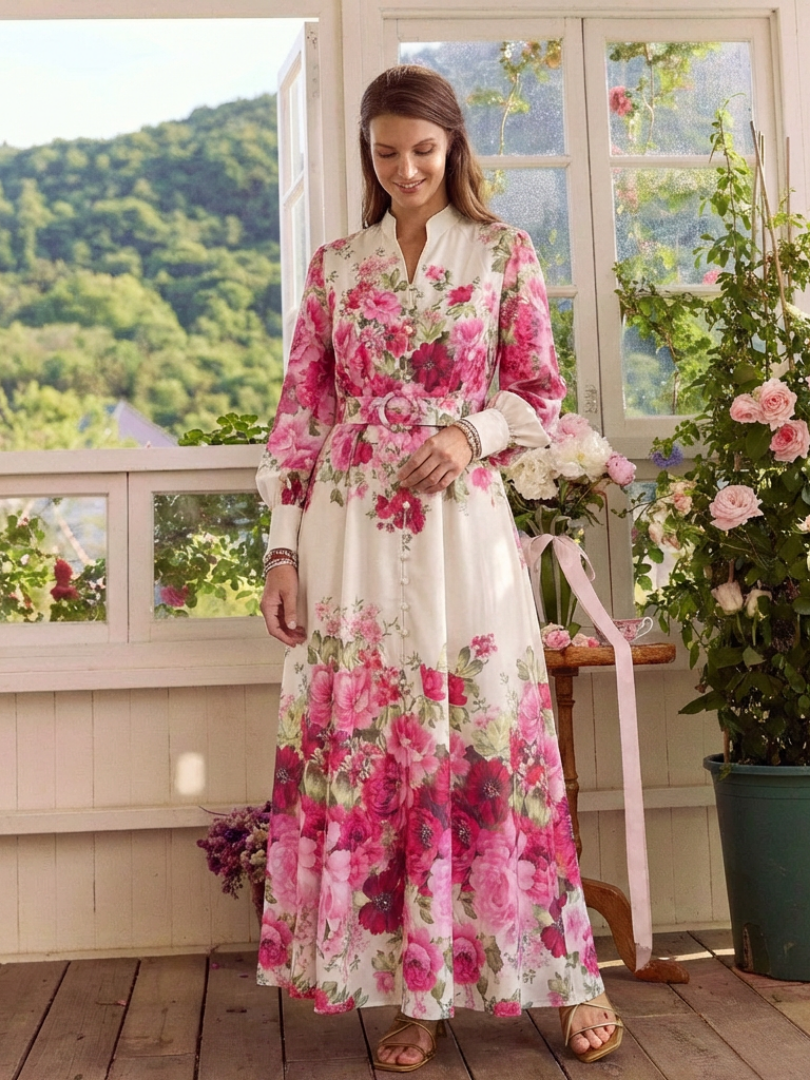 Kennedy | Vestido Maxi Floral de Manga Larga con Cinturón