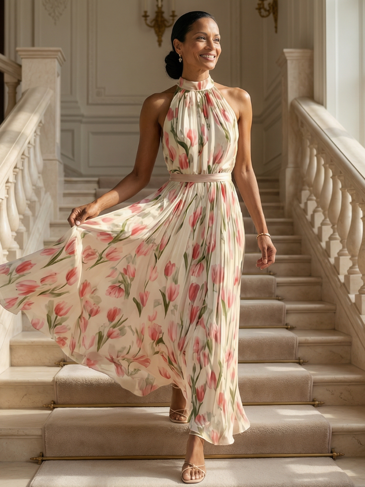 Aurelle | Vestido Midi Floral con Cuello Halter