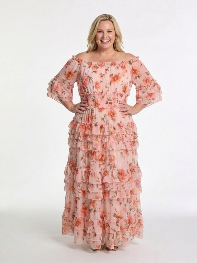 Rosalie | Vestido Maxi con Volantes de Flores y Hombros Descubiertos