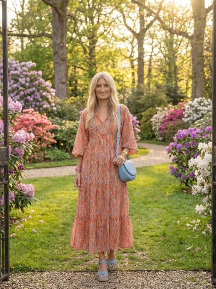 Amara | Vestido Midi de Cuello en V con Estampado Geométrico