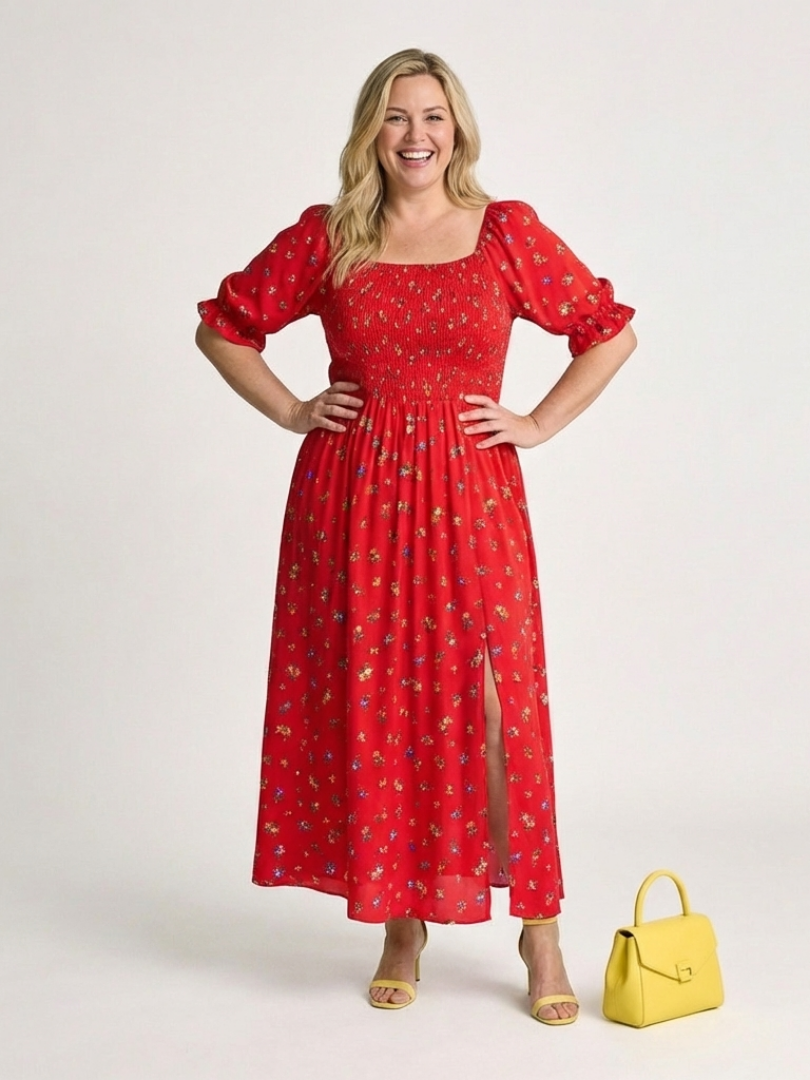 Delphine | Vestido Midi de Manga Abullonada con Escote Cuadrado y Flores