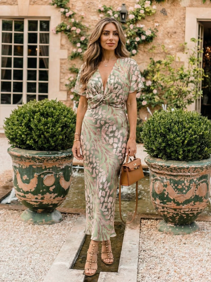 Coralie | Vestido Midi con Estampado Abstracto y Cuello en V con Cintura Torcida