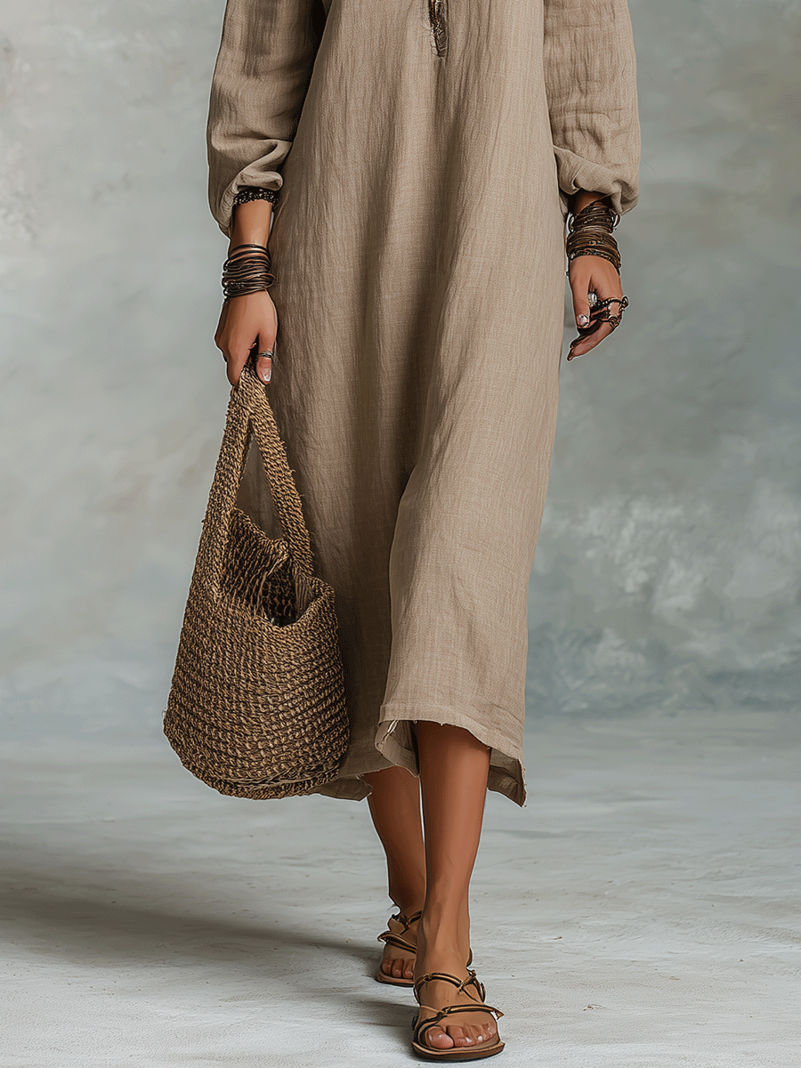 Ropa midi bohemia de lino con hombros descubiertos y corte relajado