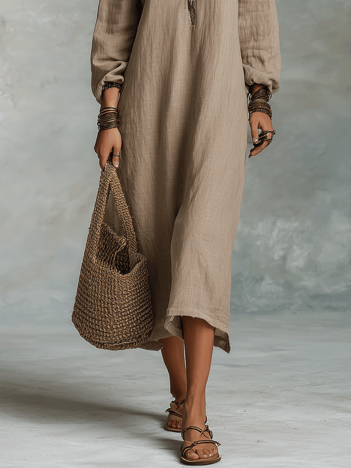 Ropa midi bohemia de lino con hombros descubiertos y corte relajado