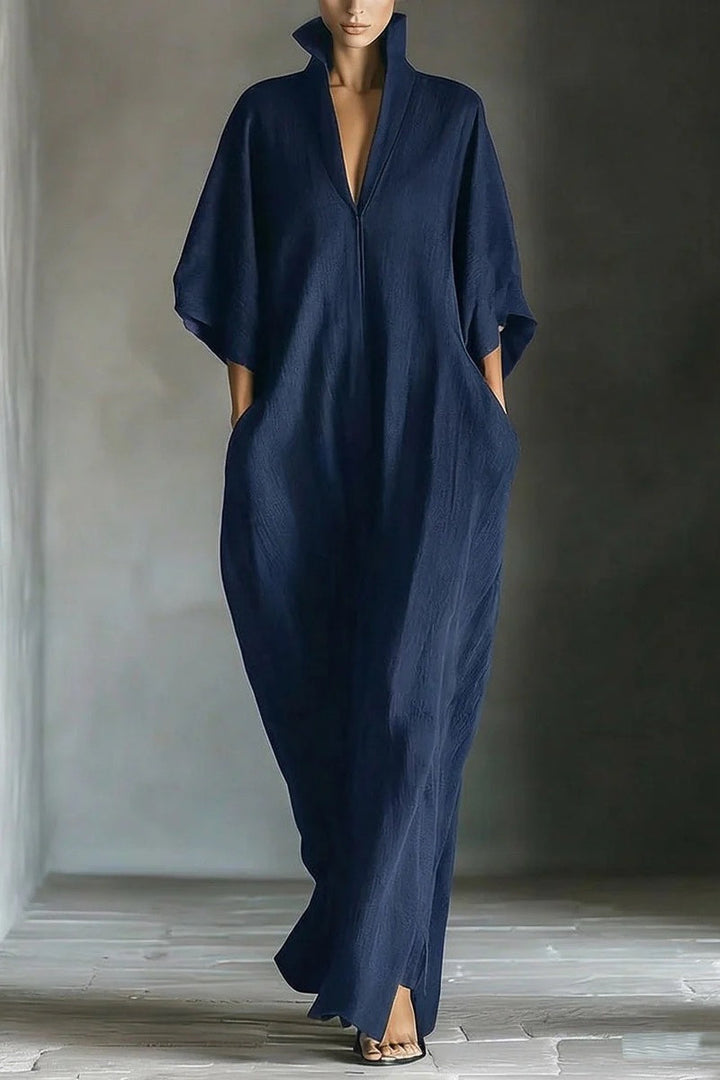 Ropa larga negra oversize para mujer en mezcla de algodón, con mangas kimono y bolsillos