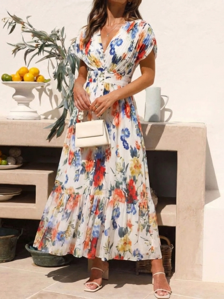 Savannah | Vestido Midi Floral con Mangas Cortas y Pliegues