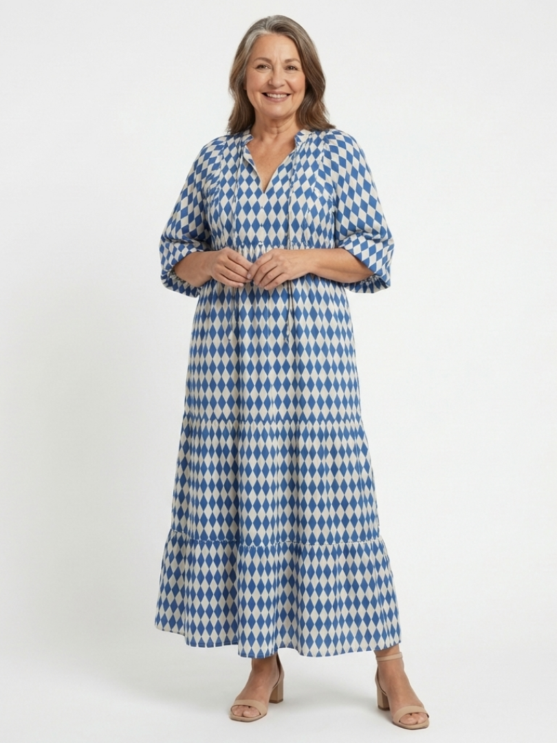 Elodie | Vestido midi acampanado con estampado de diamantes