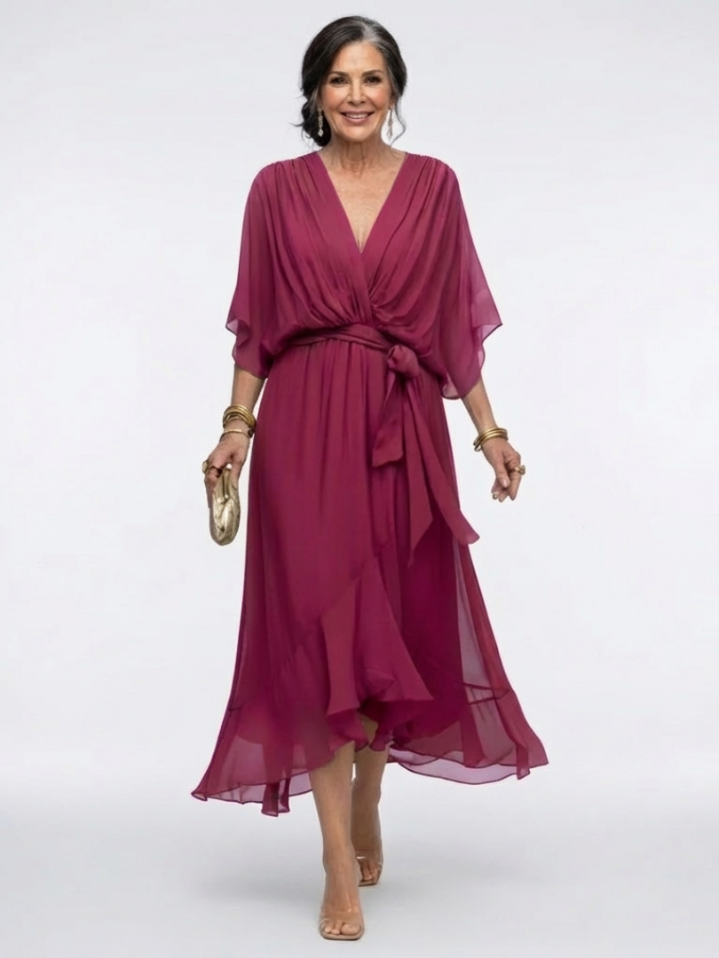 Elysia | Vestido Midi con Escote en V y Cintura Ajustable
