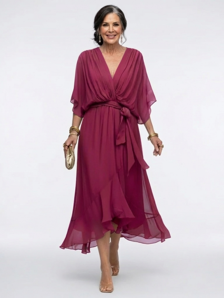 Elysia | Vestido Midi con Escote en V y Cintura Ajustable