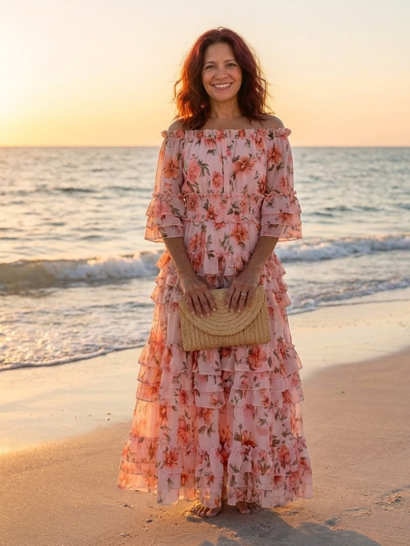 Rosalie | Vestido Maxi con Volantes de Flores y Hombros Descubiertos