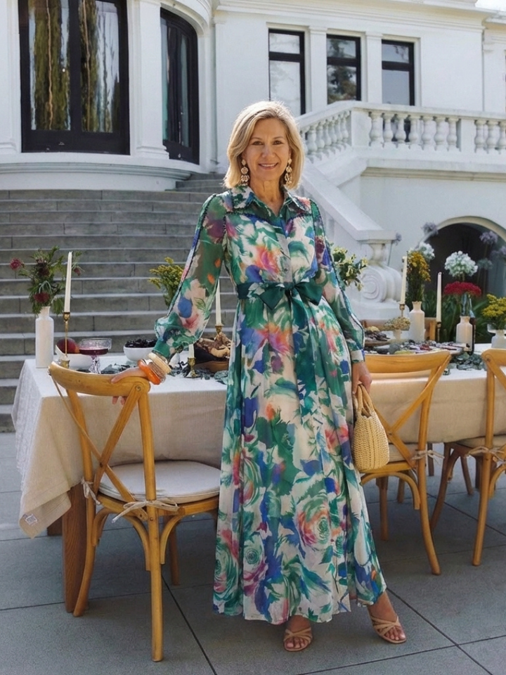 Carolina | Vestido Largo Impreso con Cinturón de Manga Larga
