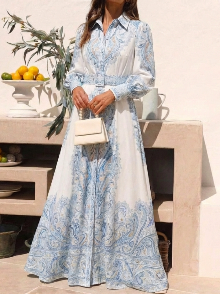 Sierra | Vestido Maxi de Manga Larga con Cuello Alto Impreso