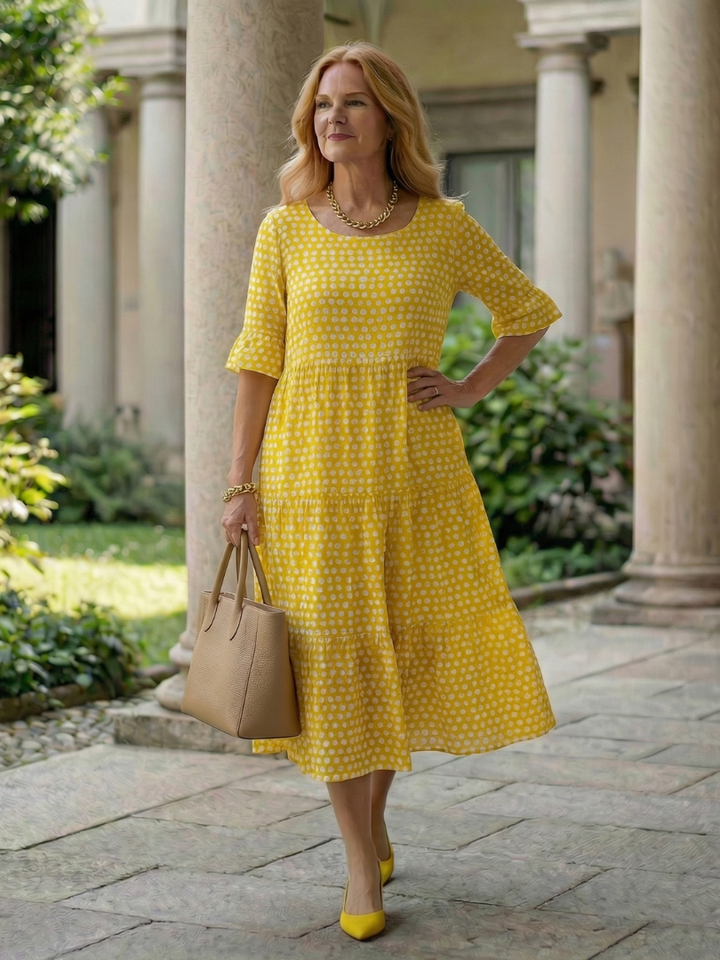 Arlo | Vestido Midi de Lunares en Capas con Manga Corta