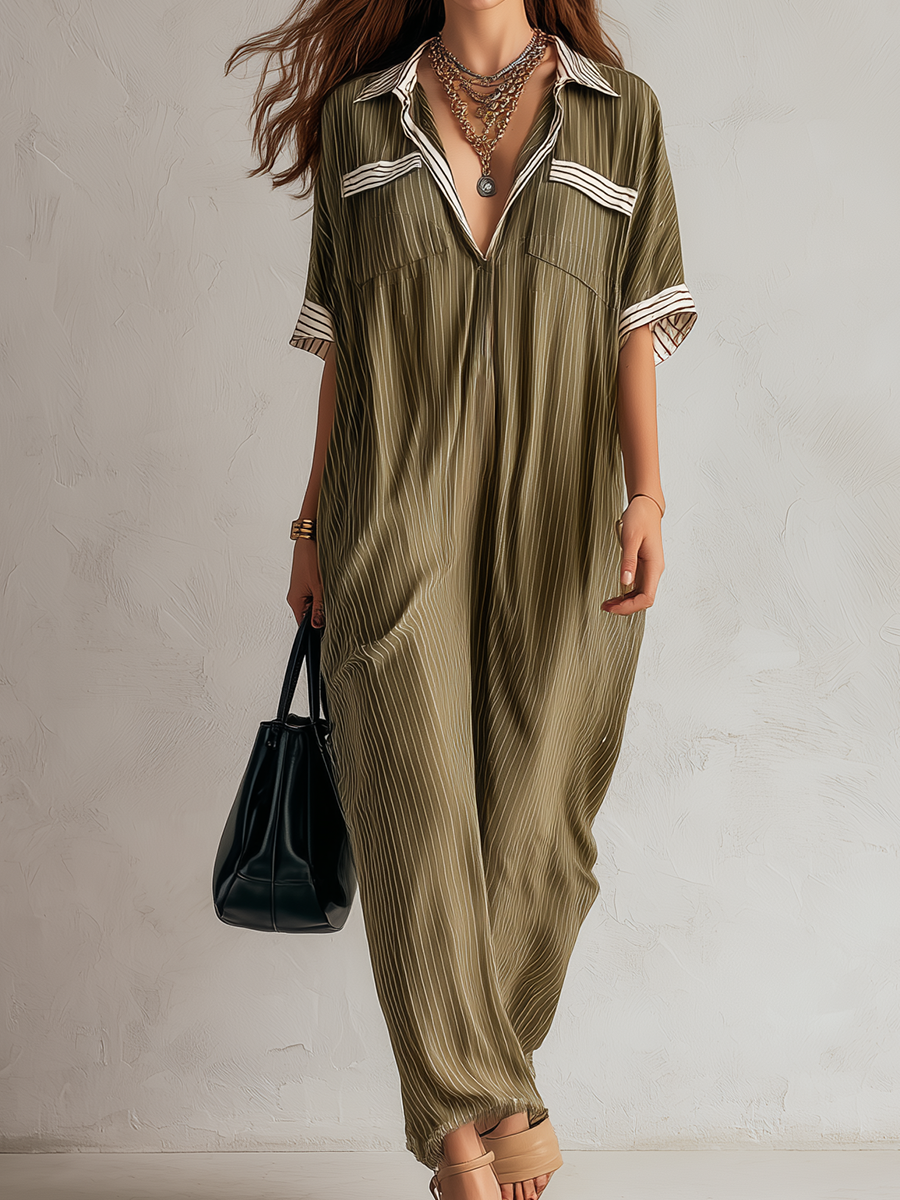 Robe longue plissée décontractée vert olive au style sophistiqué