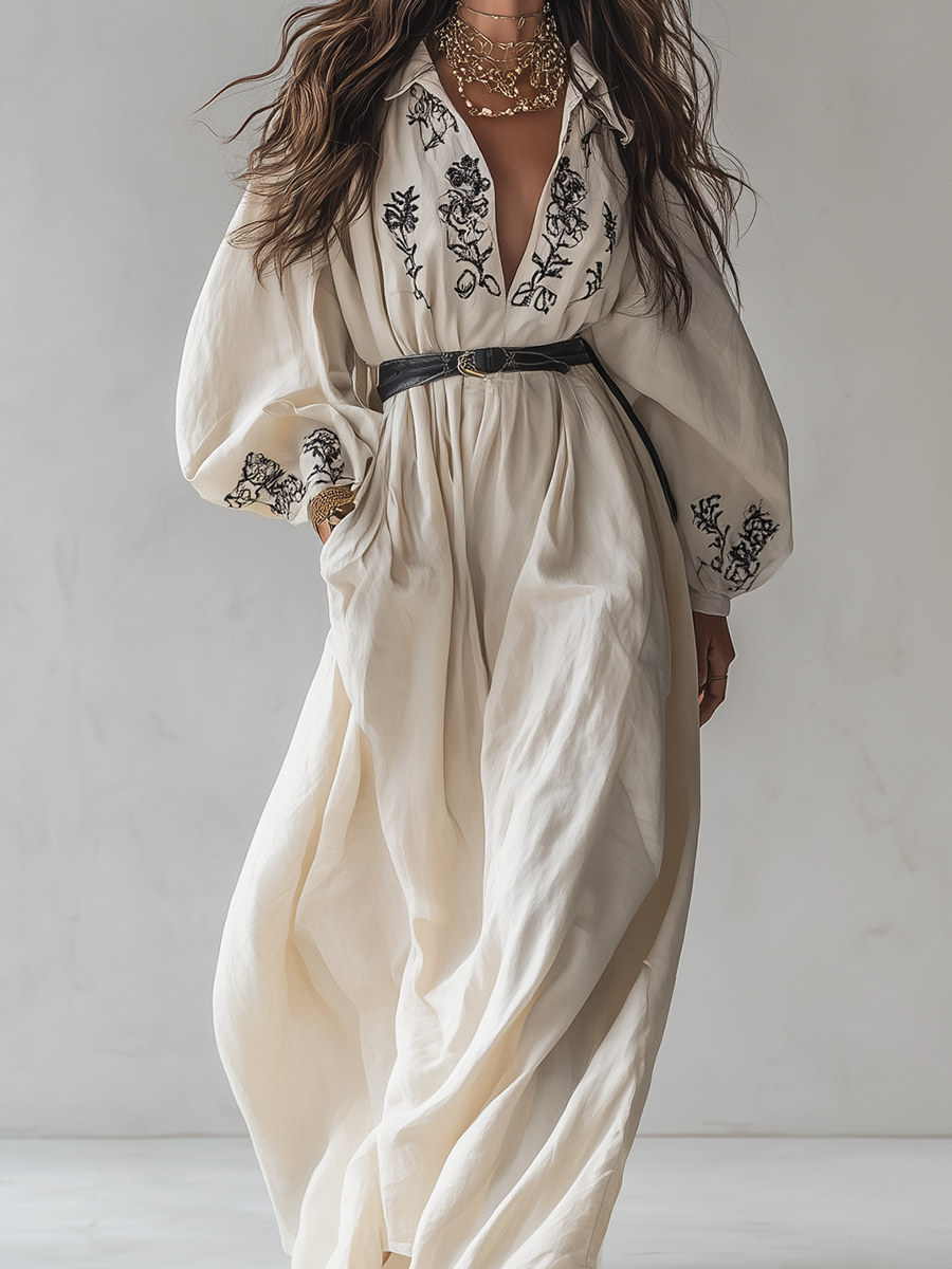 Robe chemise longue en lin crème brodée à manches bouffantes