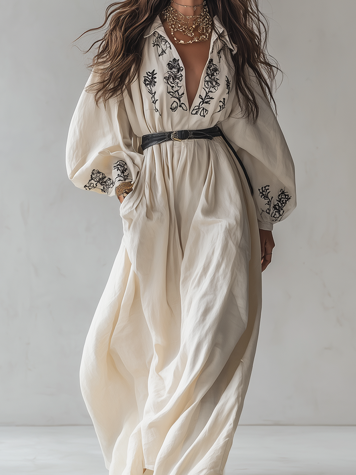 Robe chemise longue en lin crème brodée à manches bouffantes