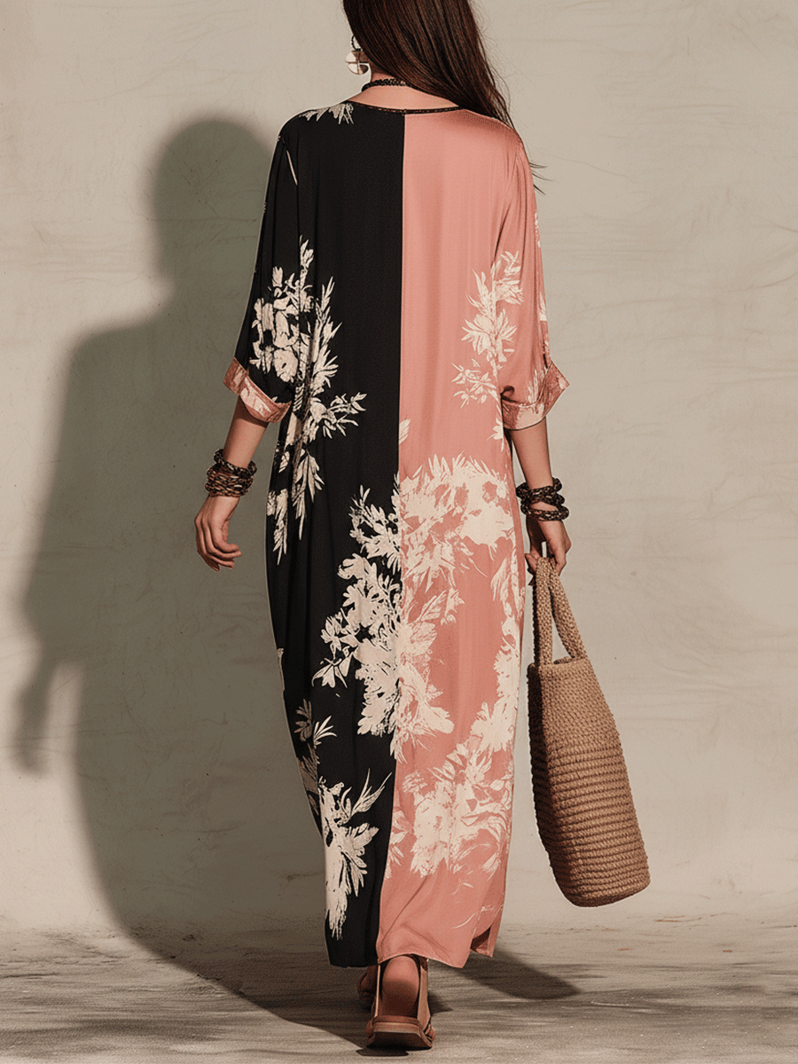 Ropa larga bohemia floreada bicolor con abertura de estilo natural