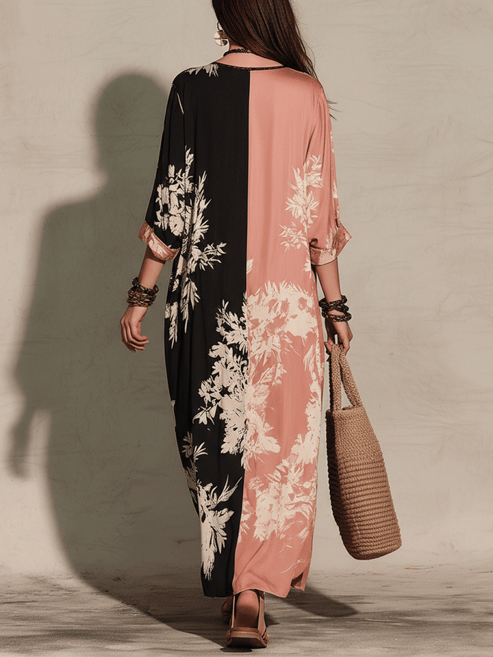 Ropa larga bohemia floreada bicolor con abertura de estilo natural