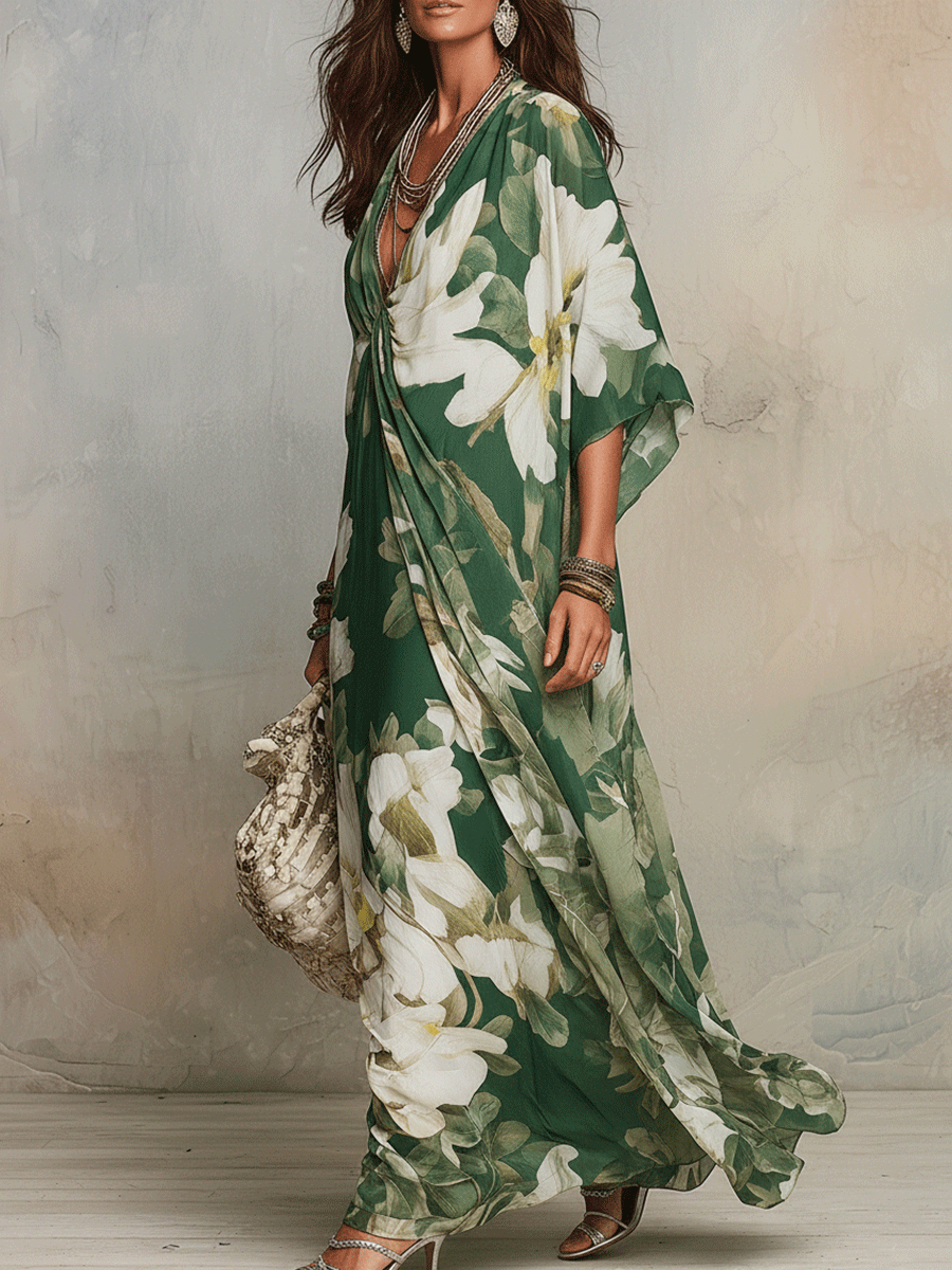 Robe longue bohème fluide Émeraude Fleur