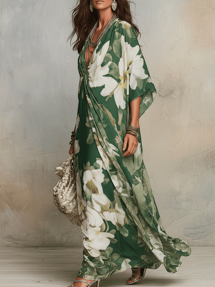 Robe longue bohème fluide Émeraude Fleur