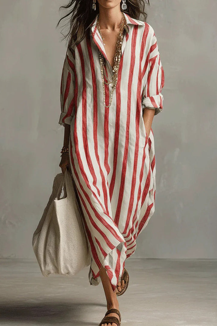 Vestido largo bohemio estilo camisa a rayas casual